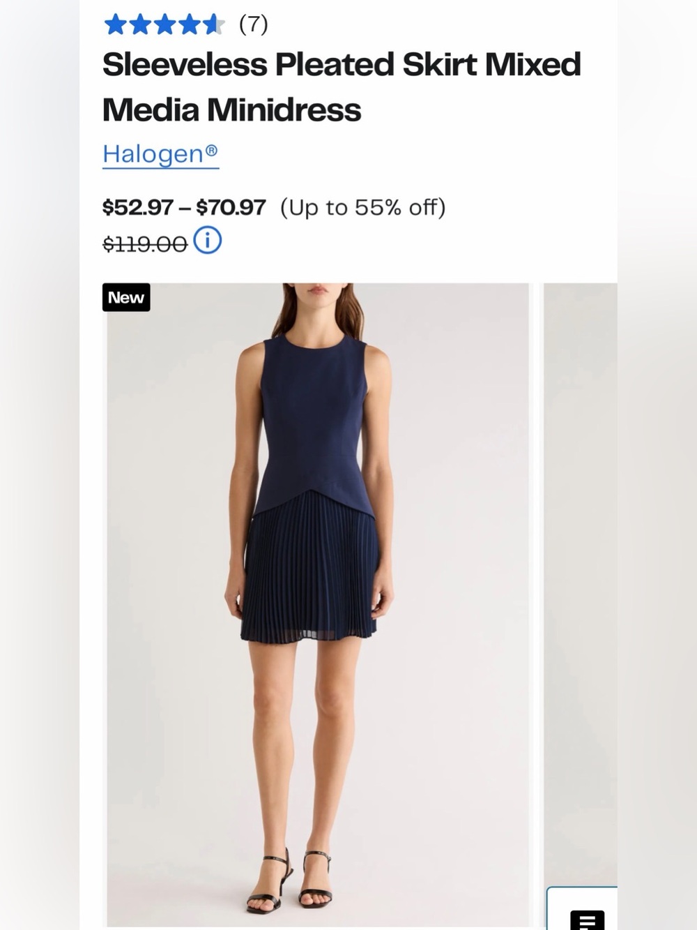 Halogen Navy Sleeveless Pleated Hem Mixed-Media Minidress